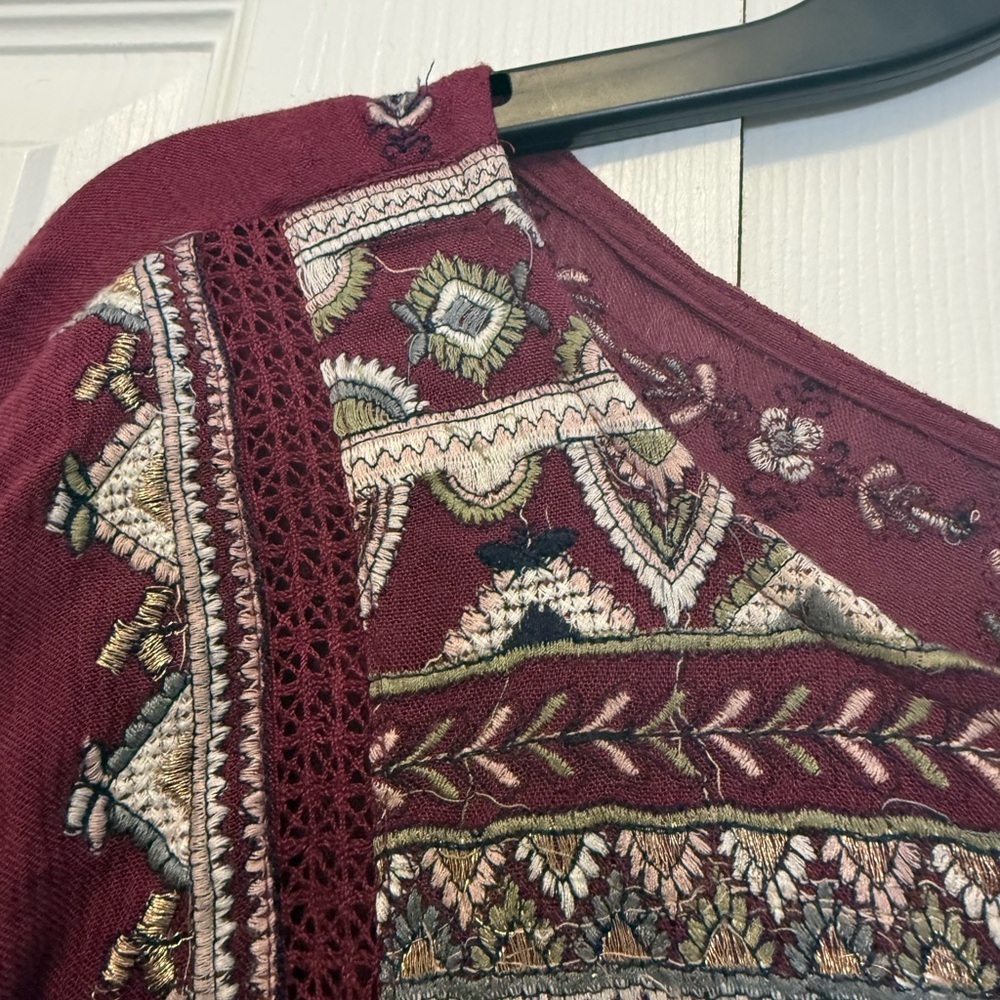 Free People Burgundy Embroidered Boho Dress Size Large - Picture 7 of 12